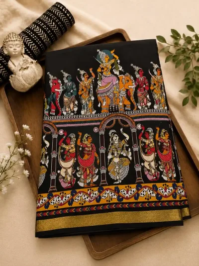 Black Mul Silk Deep Black Kalamkari Artwork Saree